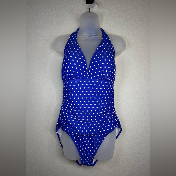 Lauren Ralph Lauren Blue Polka Dot Halter Neck One Piece Swimsuit Size 14 - Picture 2 of 7